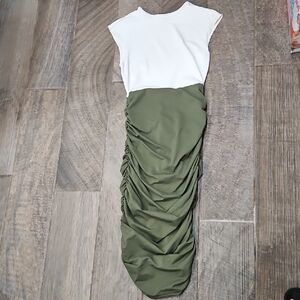 White and Olive Green Bodycon Ruched Back Dress